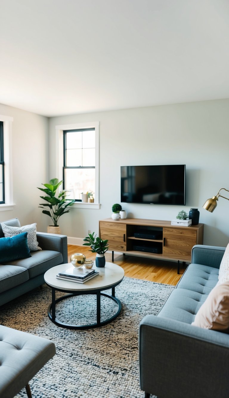 A small living room with a mounted TV, strategically arranged furniture, and minimal clutter to create a spacious and open feel