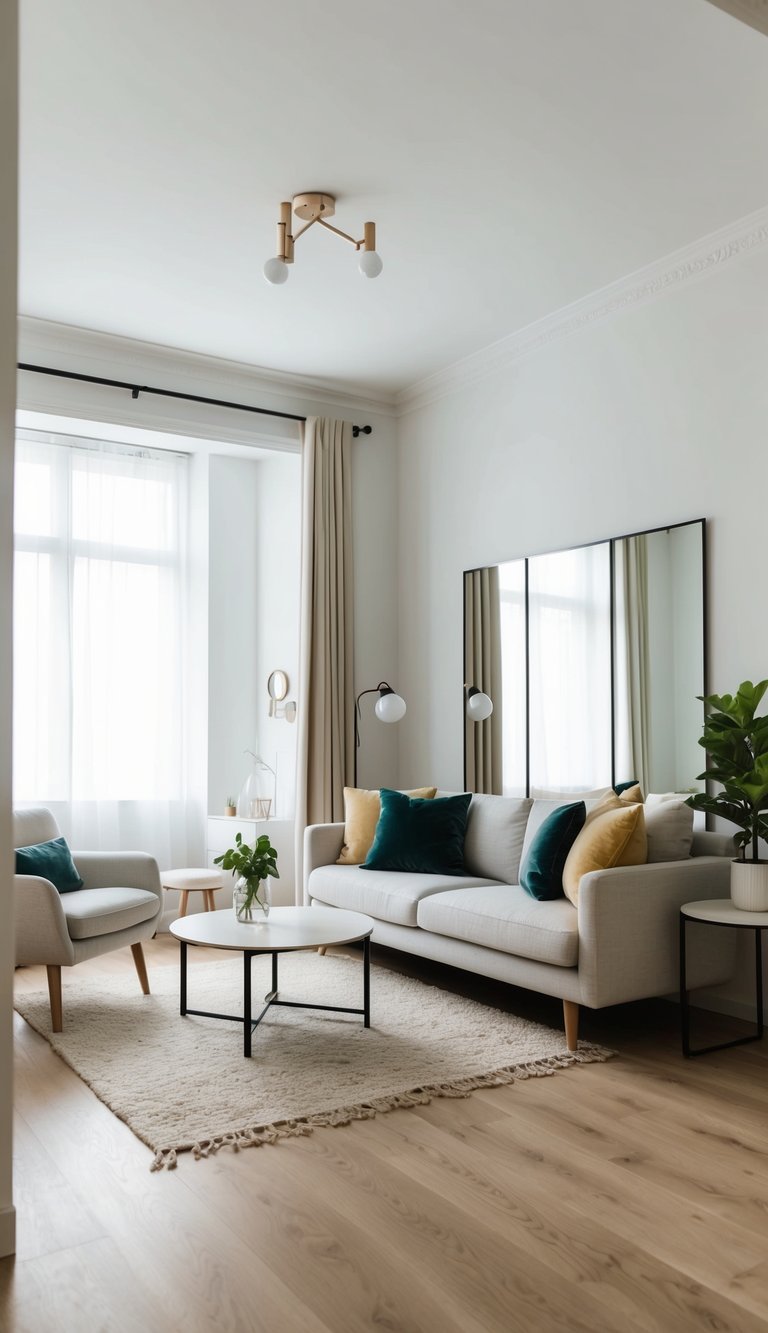 A small living room with minimal furniture, light-colored walls, and strategically placed mirrors to create the illusion of more space