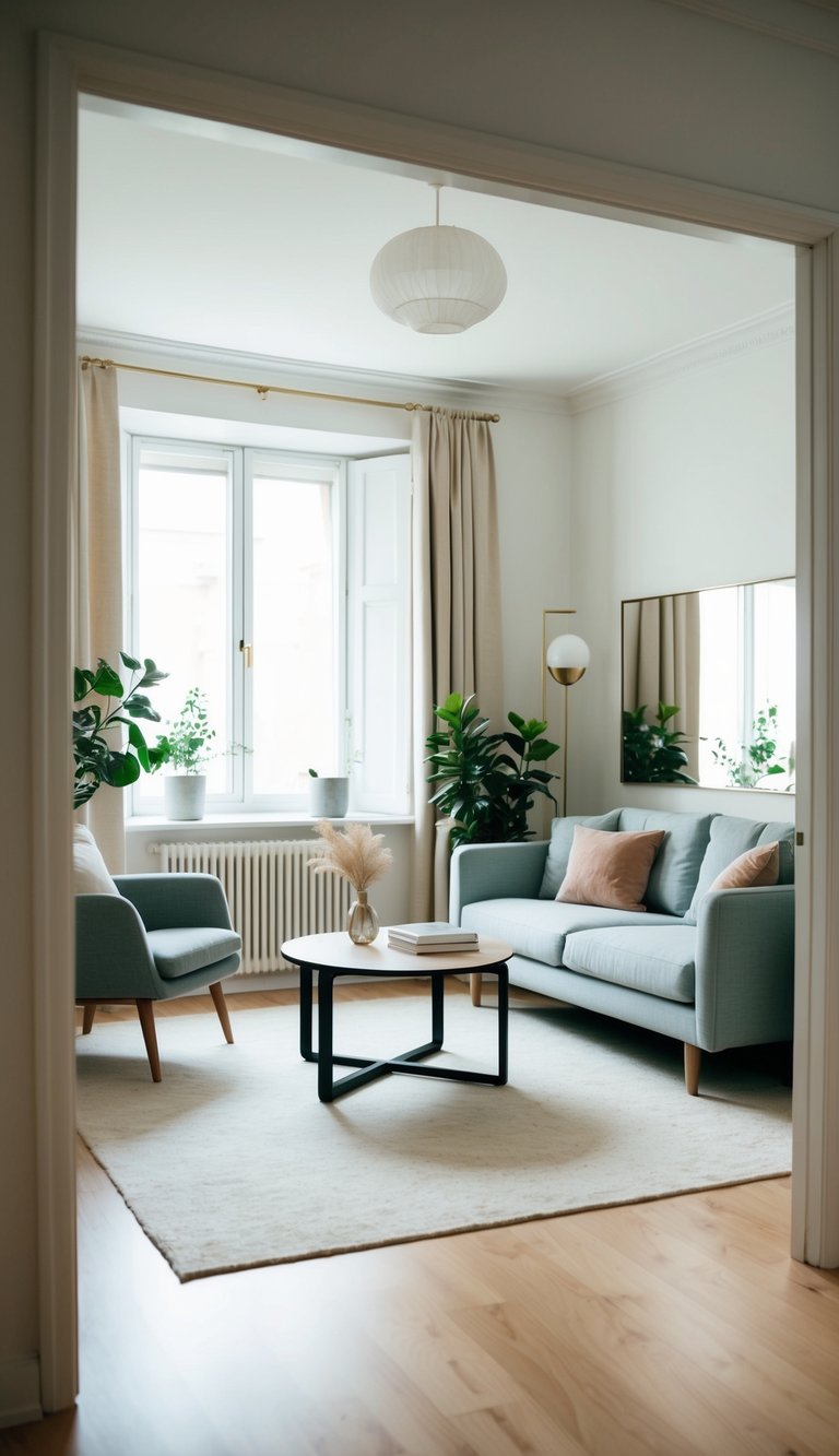 A small living room with minimal furniture, light-colored walls, and strategically placed mirrors to maximize natural light and create a sense of spaciousness