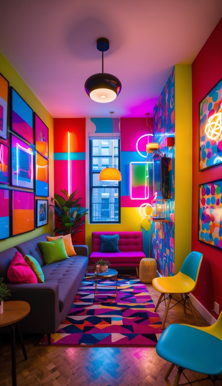 A colorful room with vibrant wall art, neon lights, and bold patterns. A mix of modern and retro decor creates a lively and stimulating atmosphere