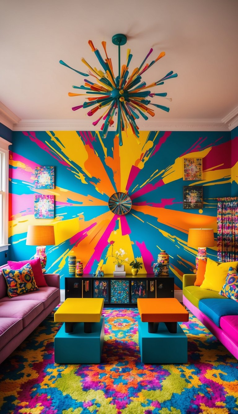 A vibrant explosion of color splashes across a room, with bold patterns and eclectic decor, creating an energetic and lively atmosphere