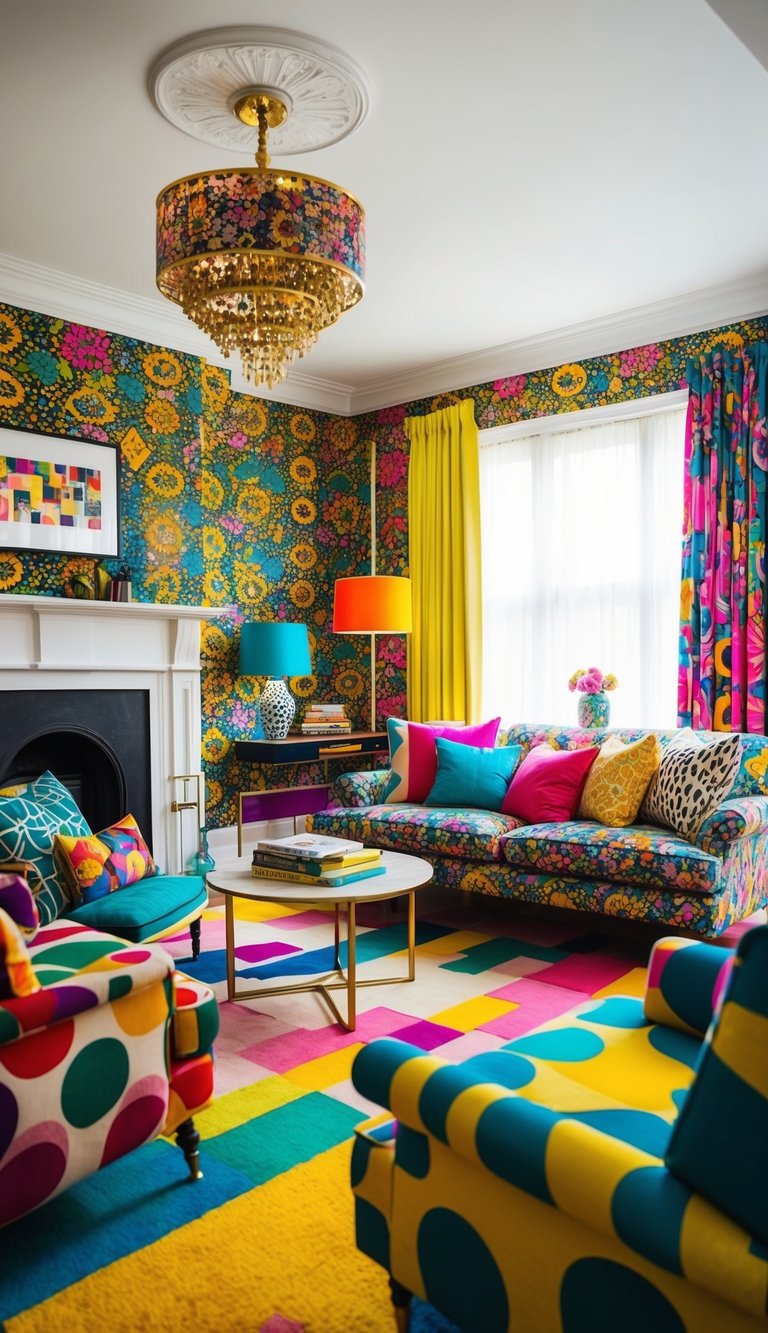 A vibrant living room with mismatched patterned furniture, bold wallpaper, and colorful accents. The room is filled with energy and creativity