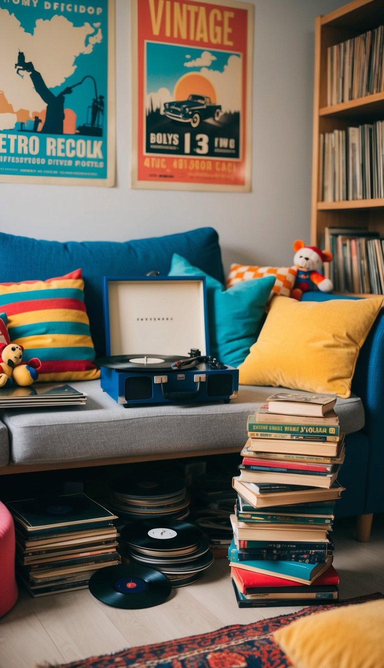 A cozy living room with vintage posters, colorful throw pillows, and retro toys scattered around. A record player sits on a shelf, surrounded by old vinyl records and a stack of well-loved books