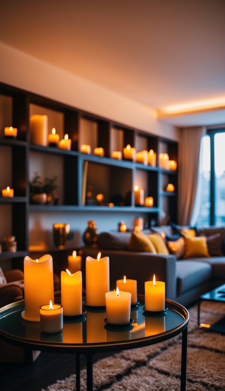 A cozy living room with a variety of unique candle holders placed on shelves and tables, casting a warm and inviting glow