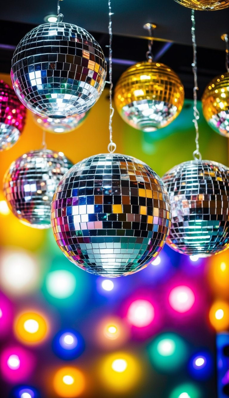A colorful room filled with disco balls hanging from the ceiling, reflecting light and creating a dazzling display