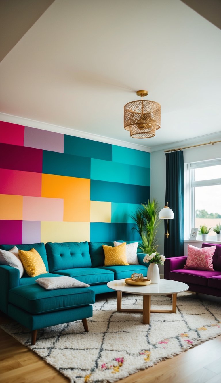 A living room with a vibrant accent wall in the user's favorite colors, surrounded by modern décor and furniture