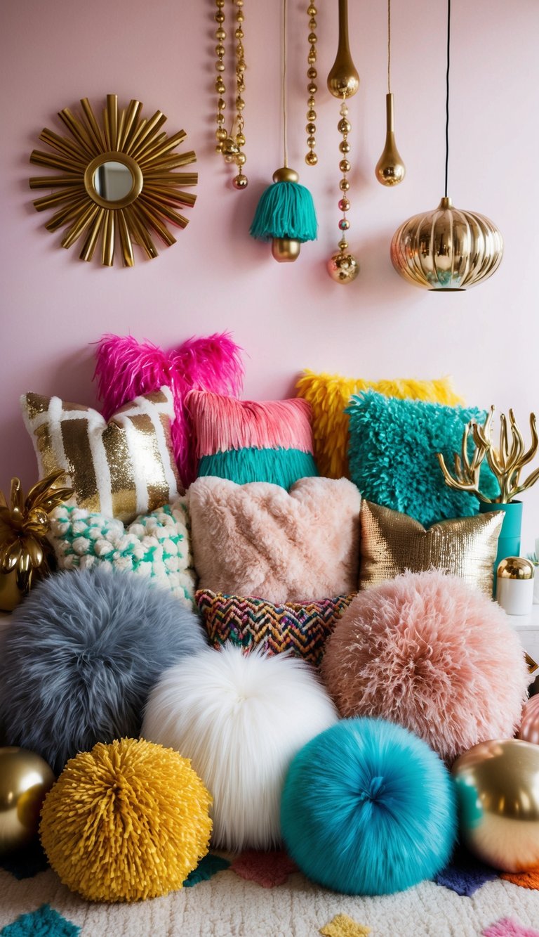 A whimsical array of textured decor items, from fluffy pillows to shiny metallic accents, arranged in a playful and vibrant setting