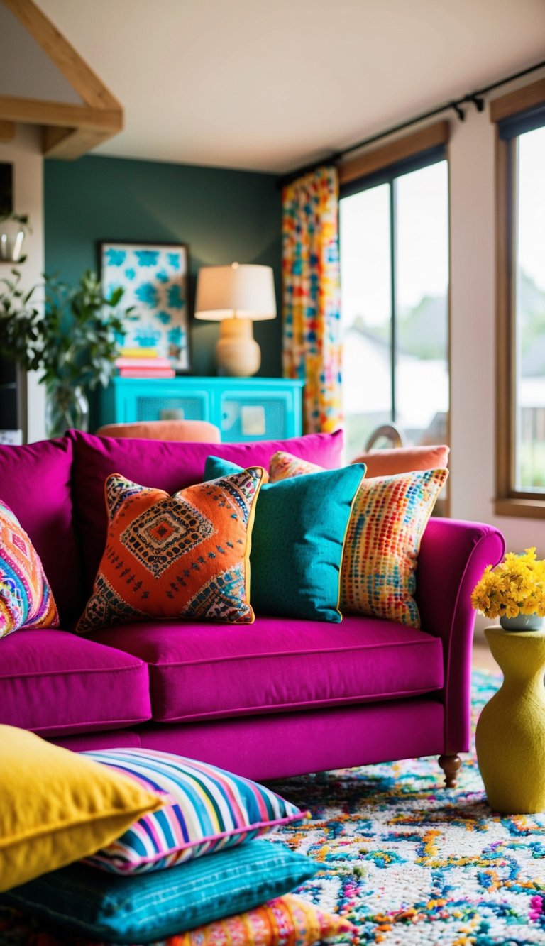 A cozy living room with a vibrant sofa adorned with an array of colorful throw pillows. Bright patterns and textures add a pop of color to the space