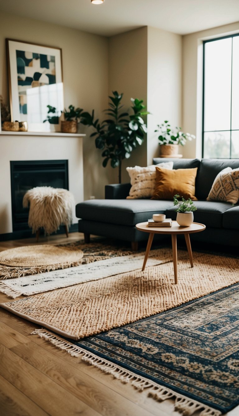 A cozy living room with layered rugs in various textures and patterns, creating a warm and inviting space