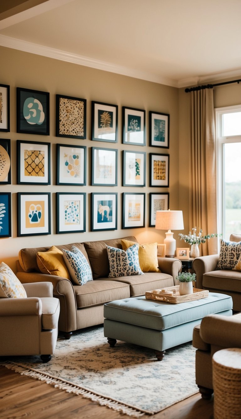 A cozy living room with a gallery wall featuring 13 unique and personalized art pieces. The room is filled with warm lighting and comfortable furniture, creating a welcoming and stylish atmosphere