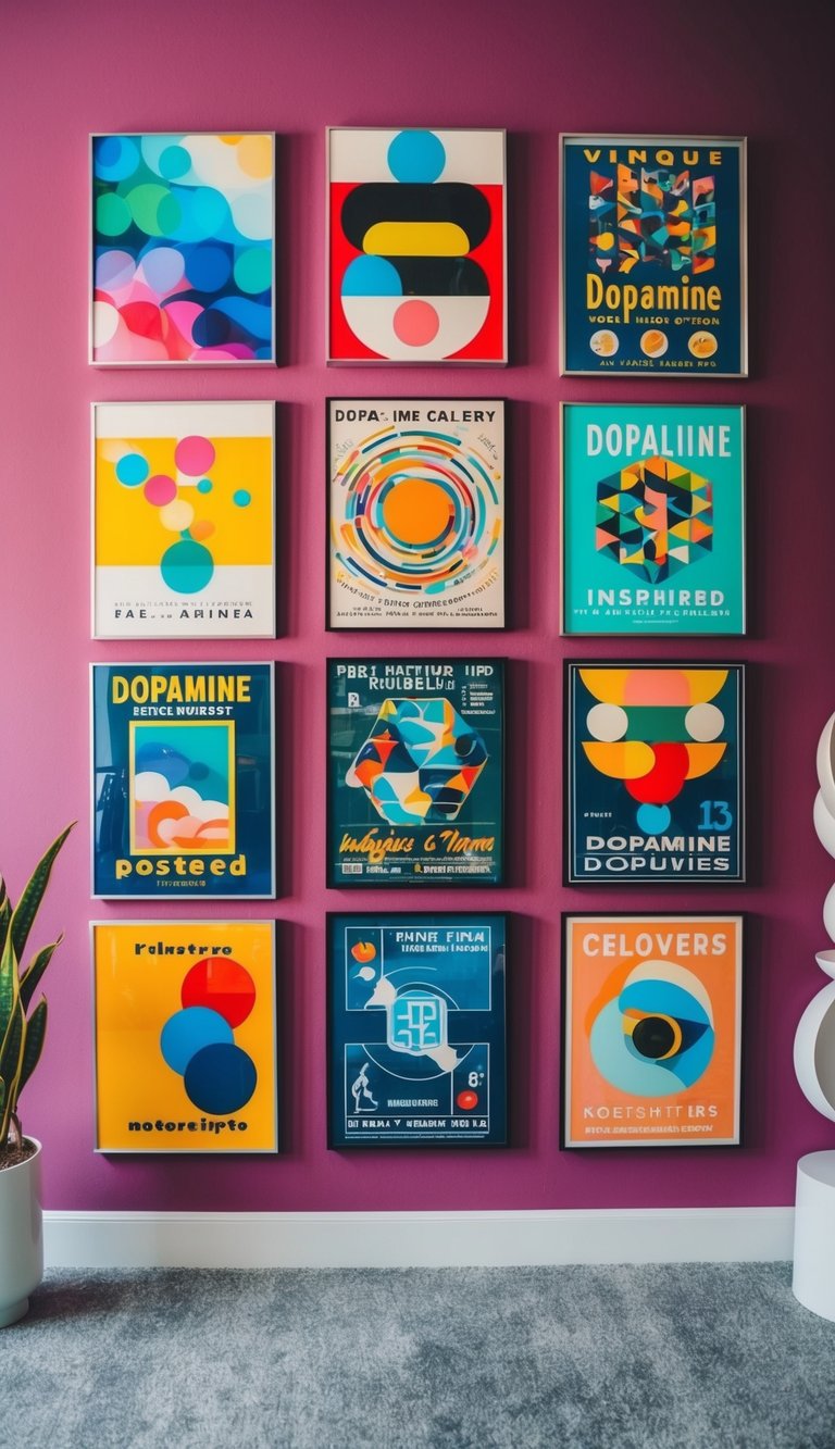 A vibrant wall gallery featuring 13 unique dopamine-inspired decor pieces, including colorful abstract paintings, vintage posters, and modern sculptures