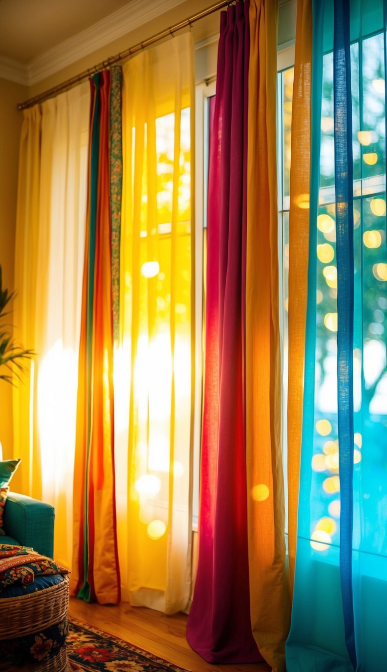 Sunlight streams through colorful curtains, casting a warm glow on a cozy room filled with vibrant decor