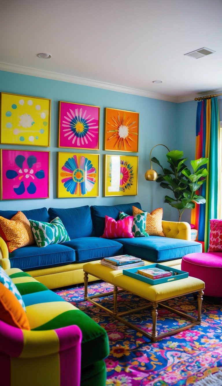 A cozy living room with vibrant, colorful decor and plush furniture. Bright, energetic artwork adorns the walls, creating a stimulating and uplifting environment