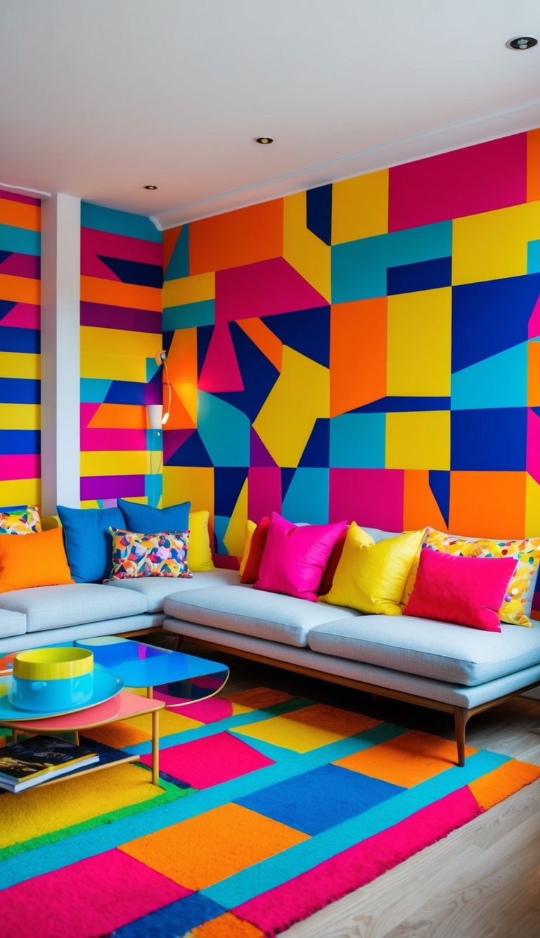 A colorful living room with vibrant, geometric patterns on the walls and furniture. Bright, energetic colors and bold, modern designs create a lively, stimulating atmosphere