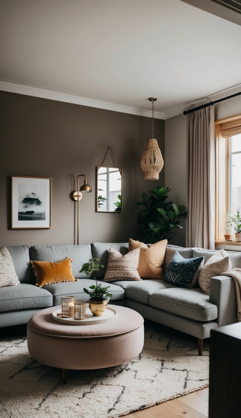 A cozy living room with a muted color scheme, featuring elements of both West and Japandi fusion decor