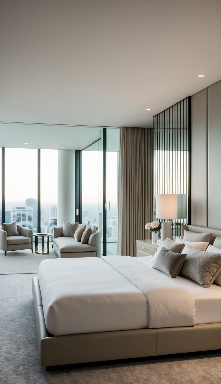 A spacious, uncluttered bedroom with sleek, modern furniture, neutral color palette, and subtle, luxurious accents