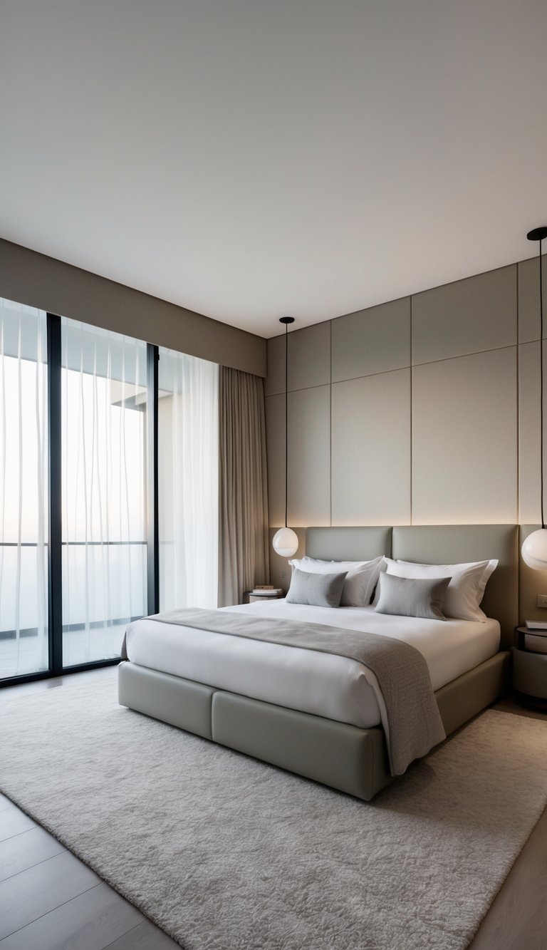 A spacious bedroom with neutral-toned walls and bedding, featuring sleek and minimalist luxury contemporary interior design