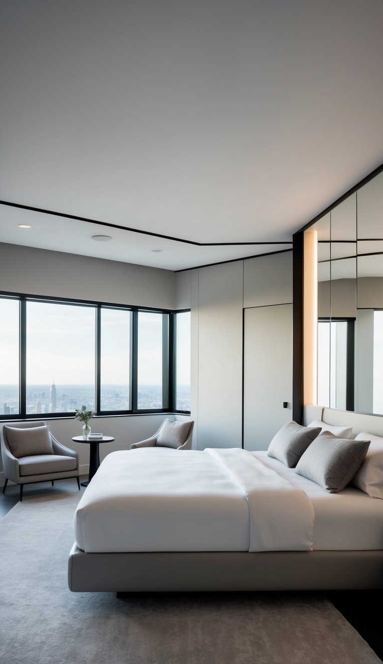 A minimalist bedroom with sleek, low-profile furniture and luxury contemporary design