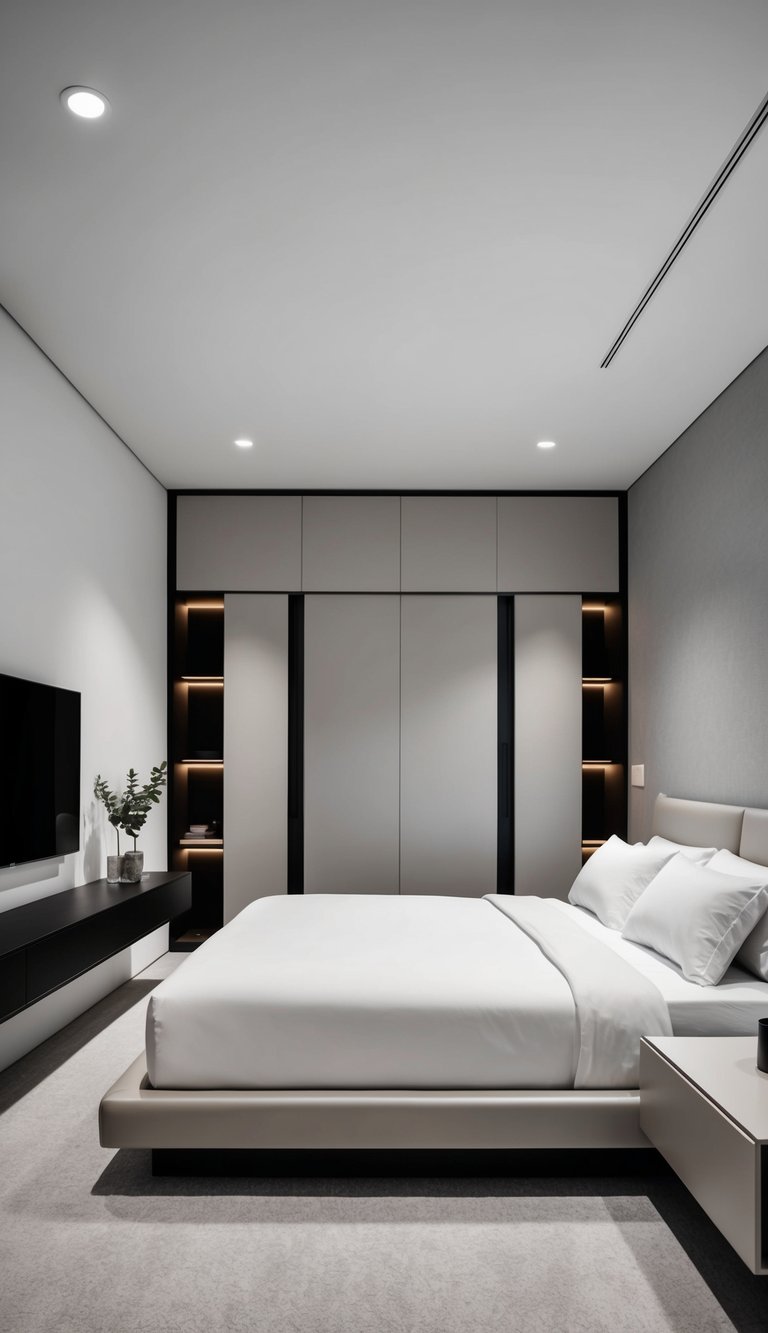 A sleek, modern bedroom with minimalist furniture and hidden storage solutions to reduce clutter