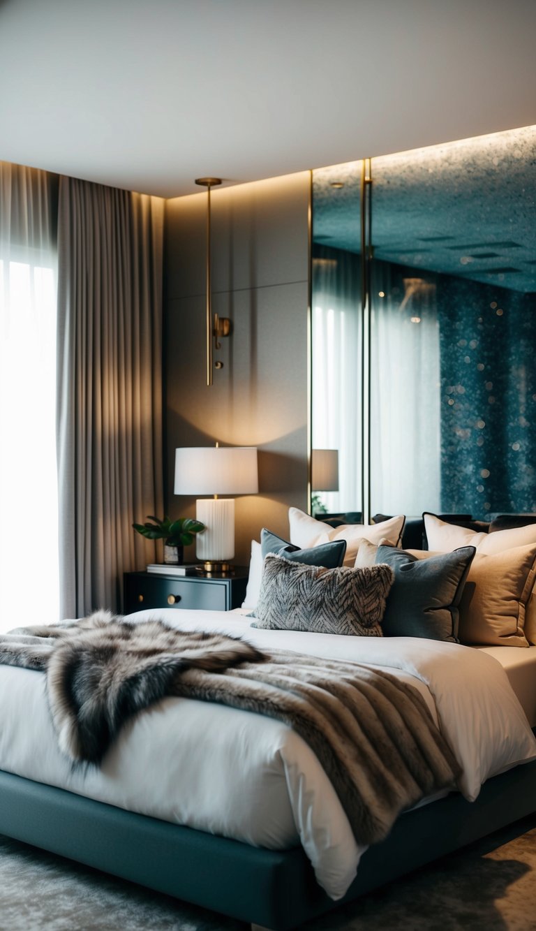 A cozy bedroom with plush bedding, a fur throw, and a mix of sleek and textured surfaces creating a modern, luxurious atmosphere
