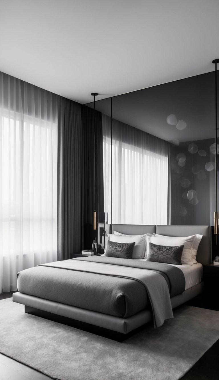 A sleek, monochromatic bedroom with minimalist furniture and luxury accents