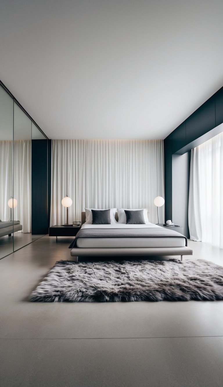 A spacious, modern bedroom with sleek, minimalist furniture and large, plush rugs to soften the hard flooring