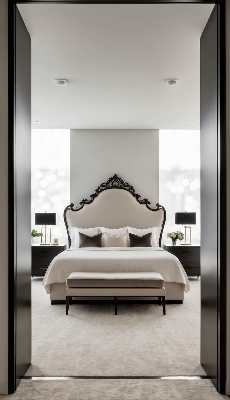 A sleek, modern bedroom with a grand, ornate headboard as the focal point. Clean lines, neutral colors, and minimal decor create a luxurious yet minimalist atmosphere