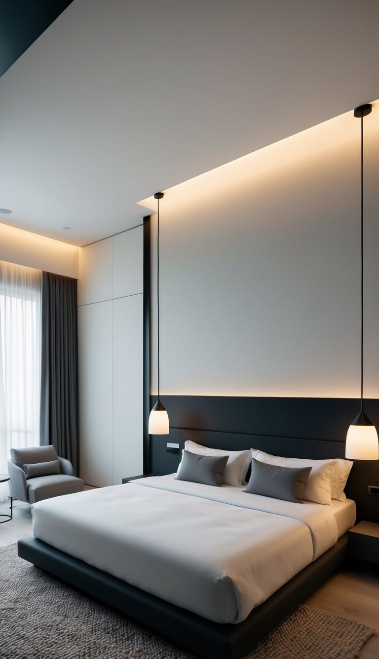 A spacious, minimalist bedroom with ambient pendant lighting, showcasing luxury contemporary interior design