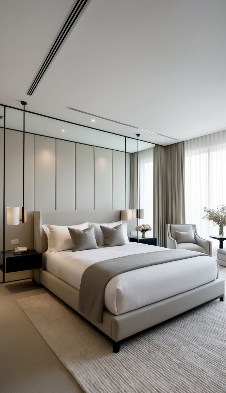 A spacious, uncluttered bedroom with clean lines, neutral colors, and sleek furniture exuding a sense of luxury and tranquility