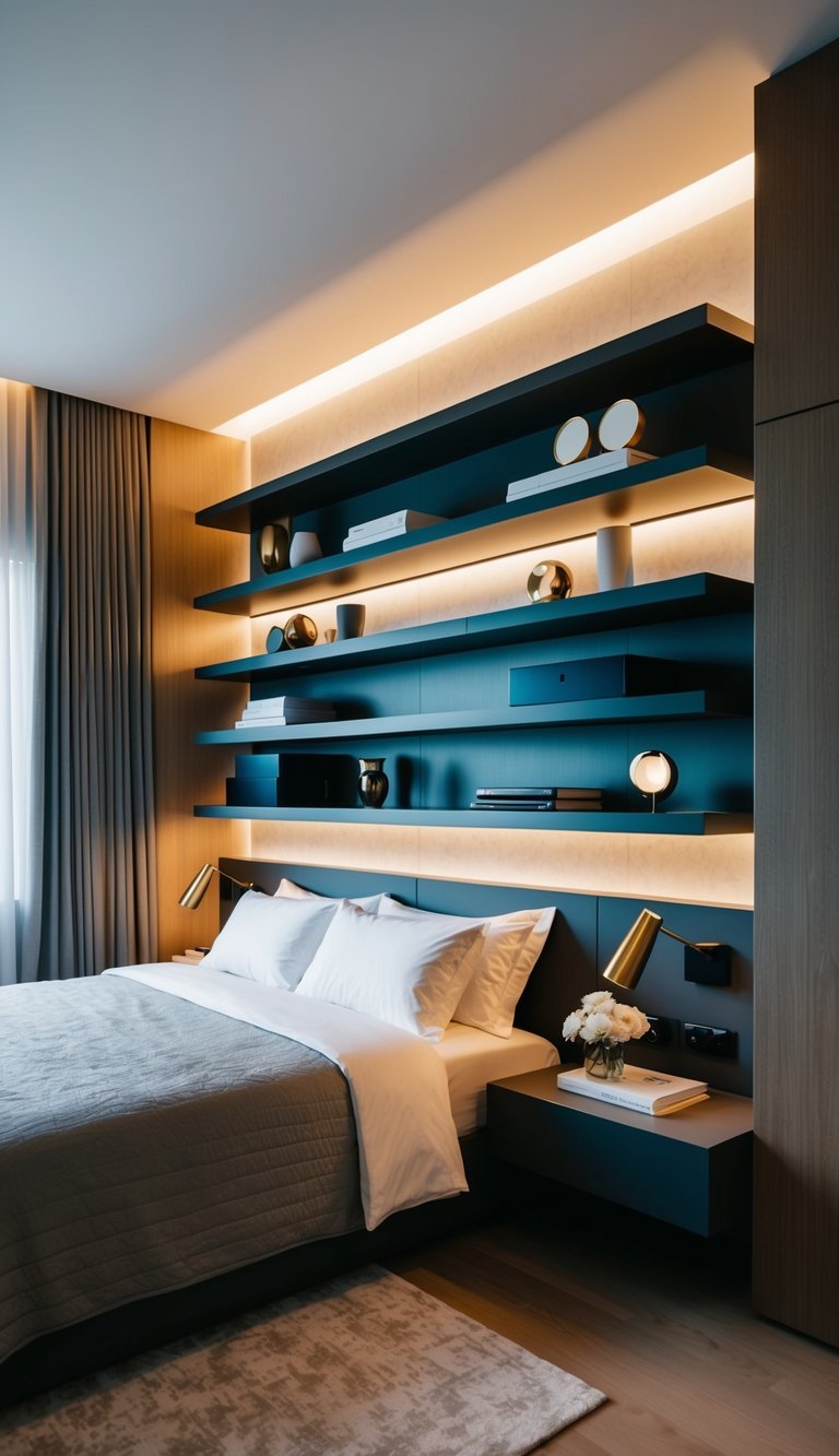 Floating shelves hold sleek decor in a luxury bedroom with contemporary minimalist design