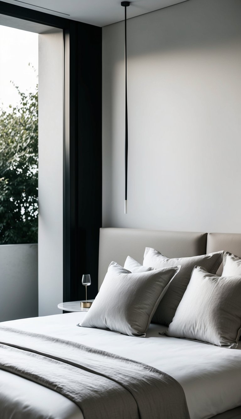A sleek, minimalist bedroom with luxurious linen or silk bedding, clean lines, and contemporary design