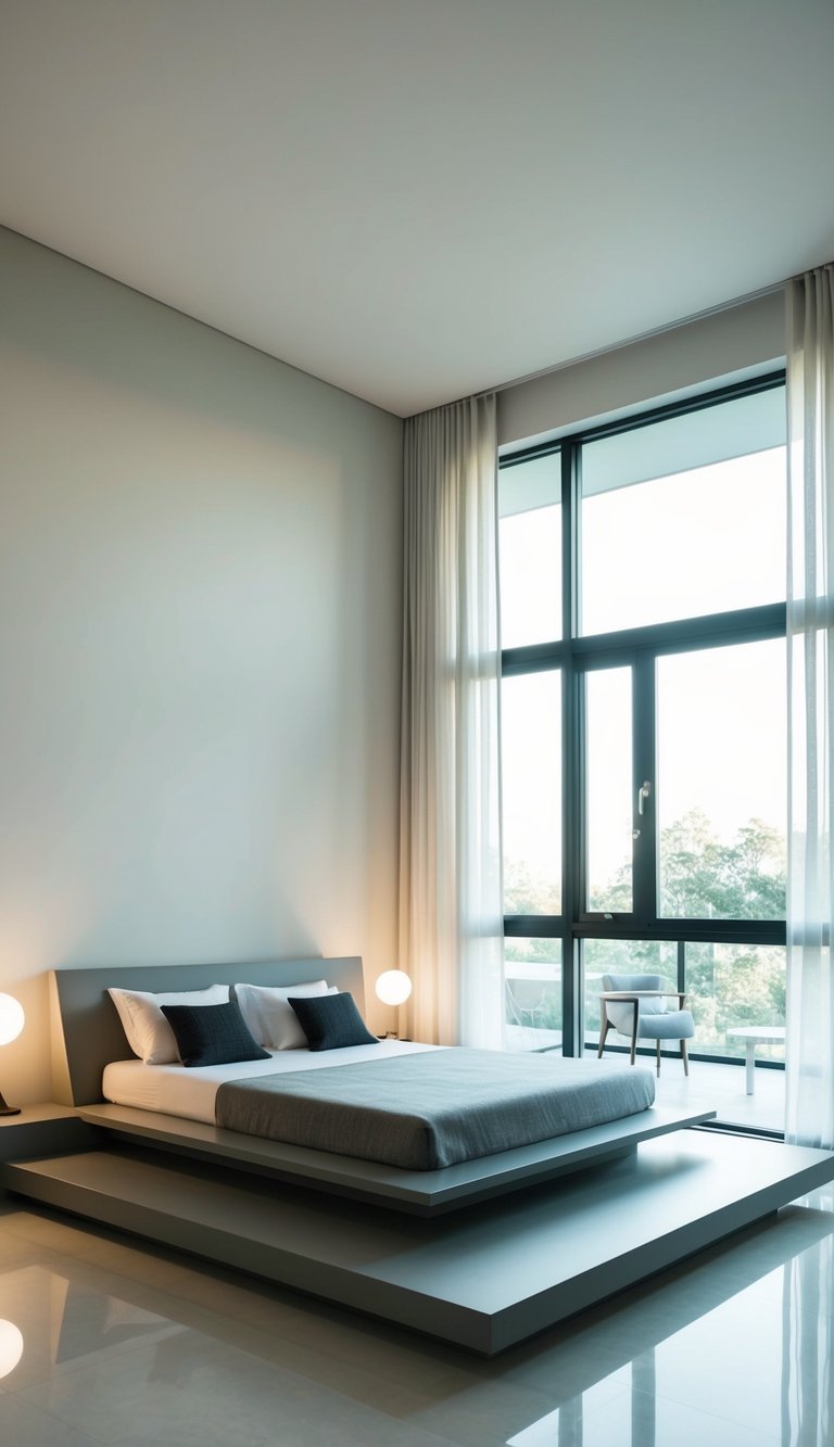 A spacious bedroom with a low platform bed, geometric furniture, and a neutral color palette. Large windows let in natural light, highlighting the clean lines and minimalist decor