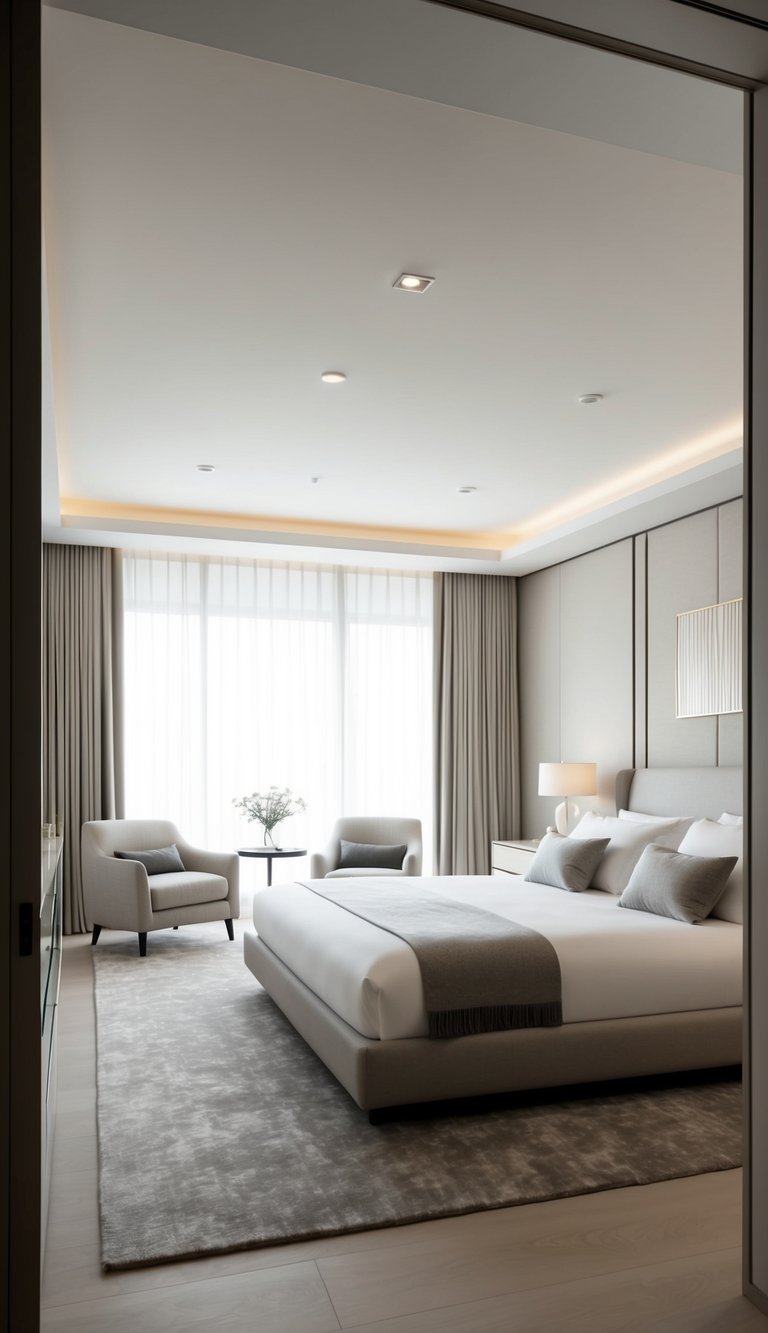 A spacious, uncluttered bedroom with neutral tones, sleek furniture, and soft lighting, creating a serene and luxurious contemporary atmosphere