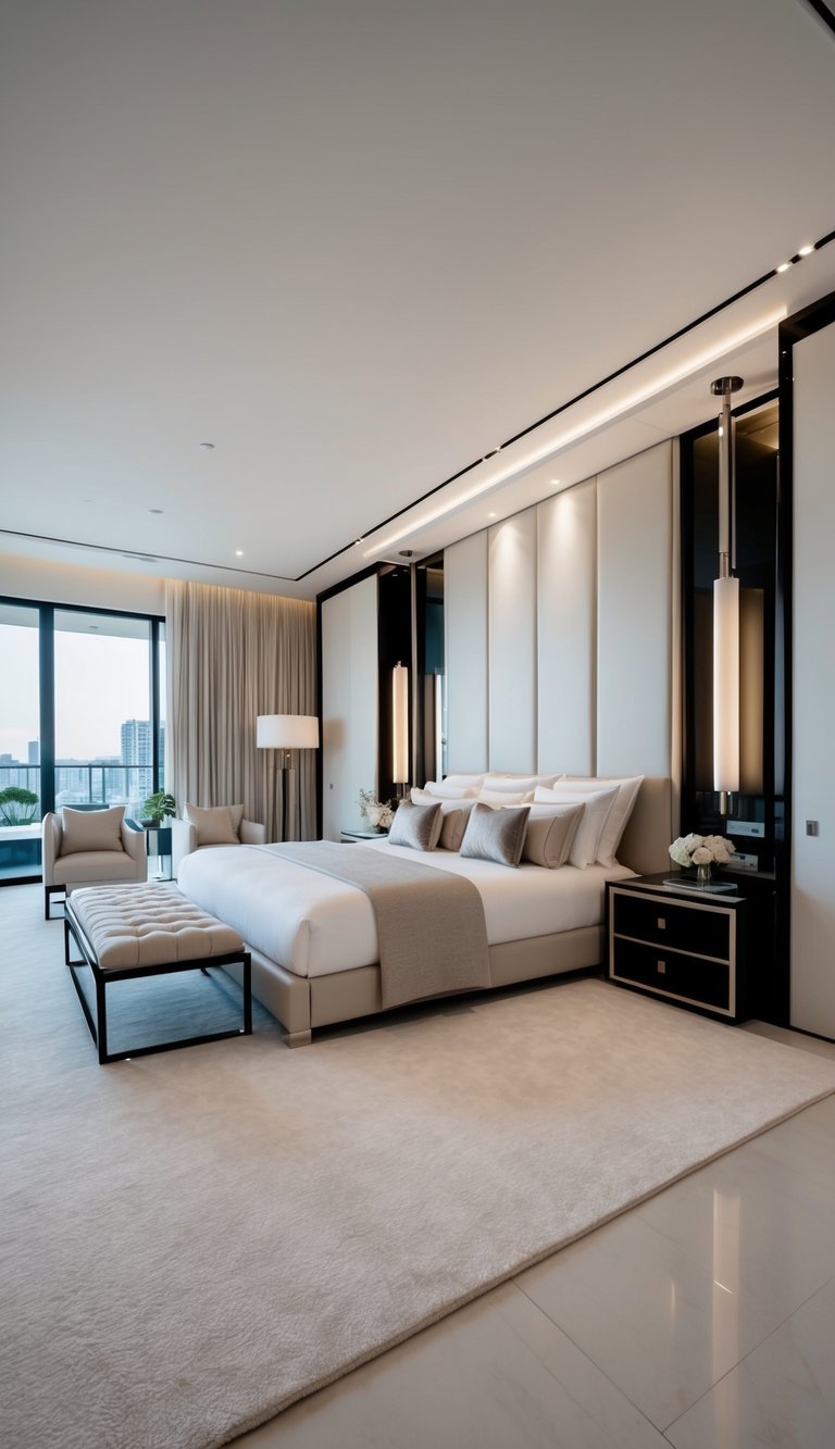 A spacious, sleek bedroom with clean lines, neutral colors, and high-end furniture. The room features luxurious accents and minimalist decor, creating a harmonious balance of opulence and simplicity