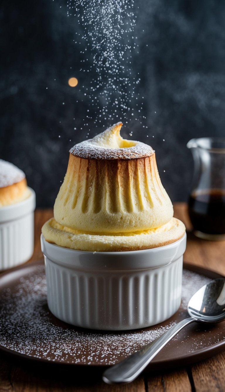 A rich, fluffy soufflé rises from a ramekin, infused with the aroma of dark chocolate and Grand Marnier, dusted with a light sprinkling of powdered sugar