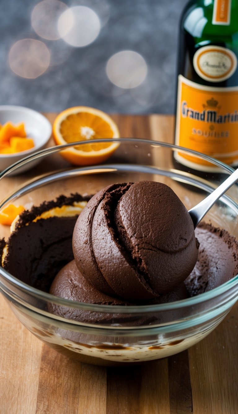 A bowl of dark chocolate and Grand Marnier soufflé batter being carefully folded together in a glass mixing bowl, with a hint of orange zest and a bottle of Grand Marnier in the background