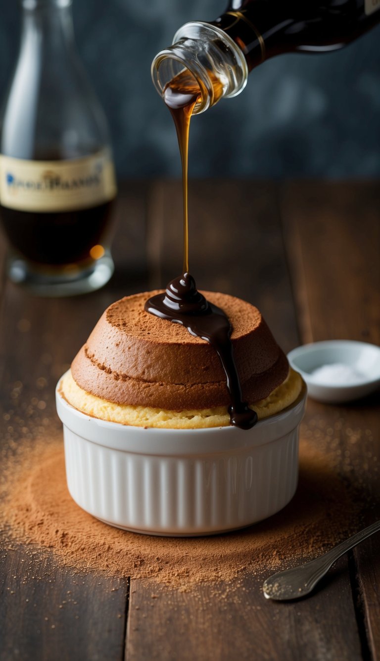 A rich, velvety soufflé rises in a ramekin, with a dusting of cocoa powder and a drizzle of Grand Marnier on top
