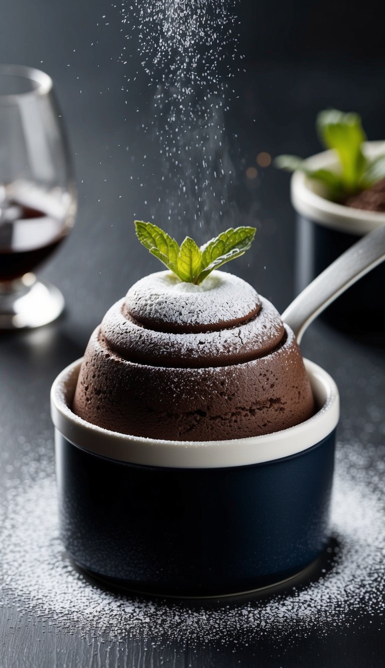 A dark chocolate soufflé rises from a ramekin, infused with the aroma of Grand Marnier. A dusting of powdered sugar and a sprig of mint garnish the dessert