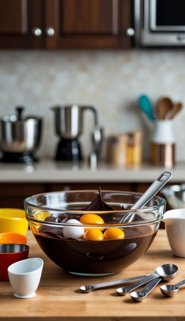A mixing bowl with dark chocolate, eggs, and Grand Marnier surrounded by measuring cups and spoons on a kitchen counter
