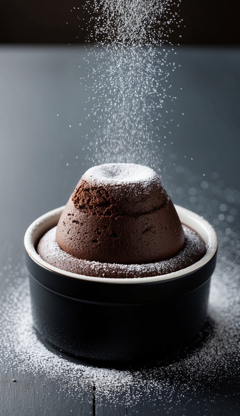 A dark chocolate and Grand Marnier soufflé rising perfectly in a ramekin, with a dusting of powdered sugar on top