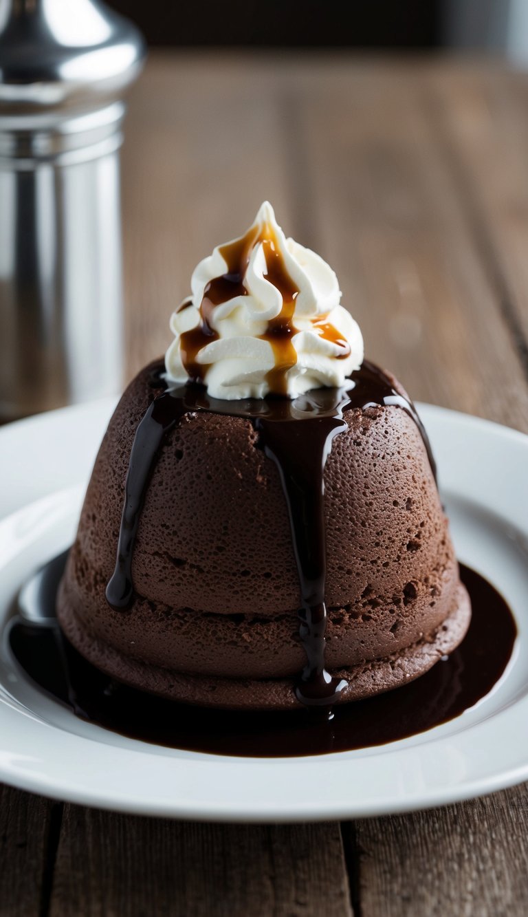 A perfectly risen dark chocolate soufflé topped with a dollop of whipped cream and drizzled with Grand Marnier sauce sits on a white dessert plate