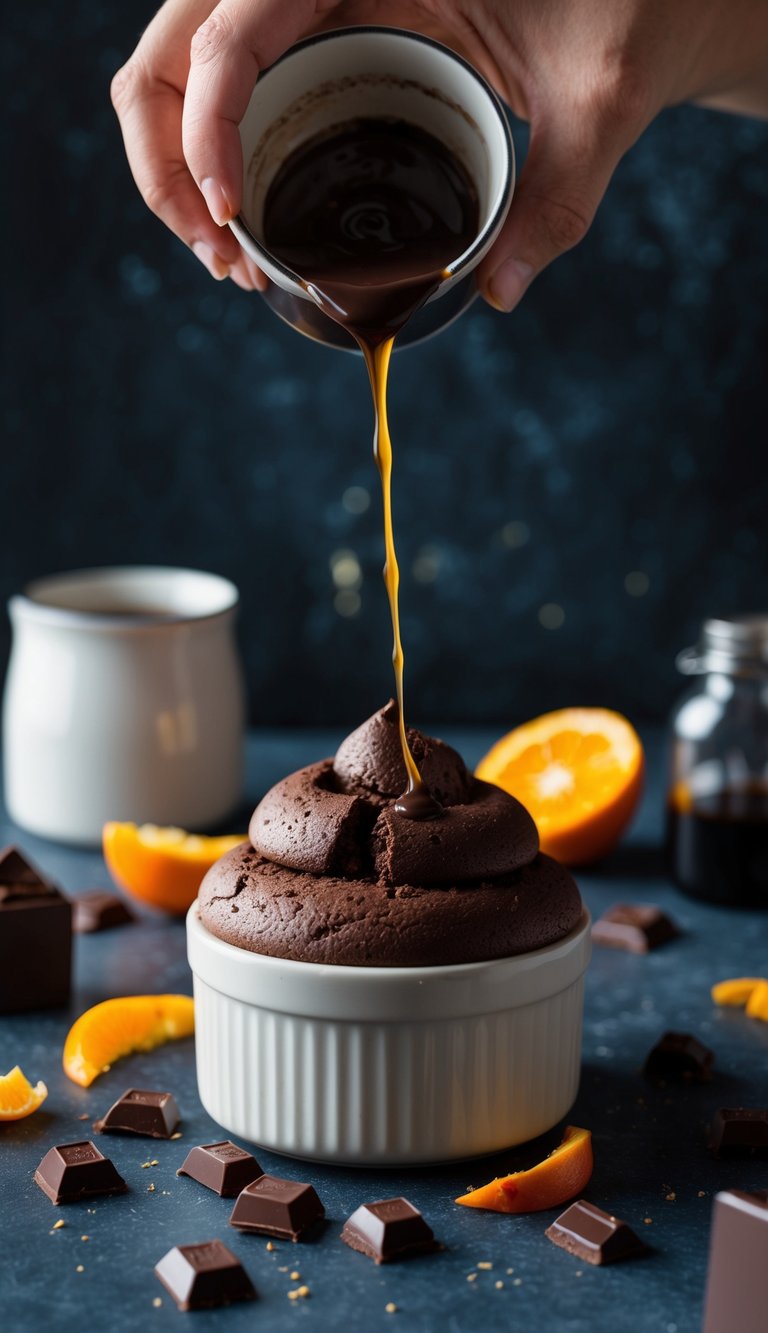 A dark chocolate soufflé being infused with Grand Marnier, rising tall and fluffy in a ramekin, surrounded by scattered chocolate chunks and orange peel