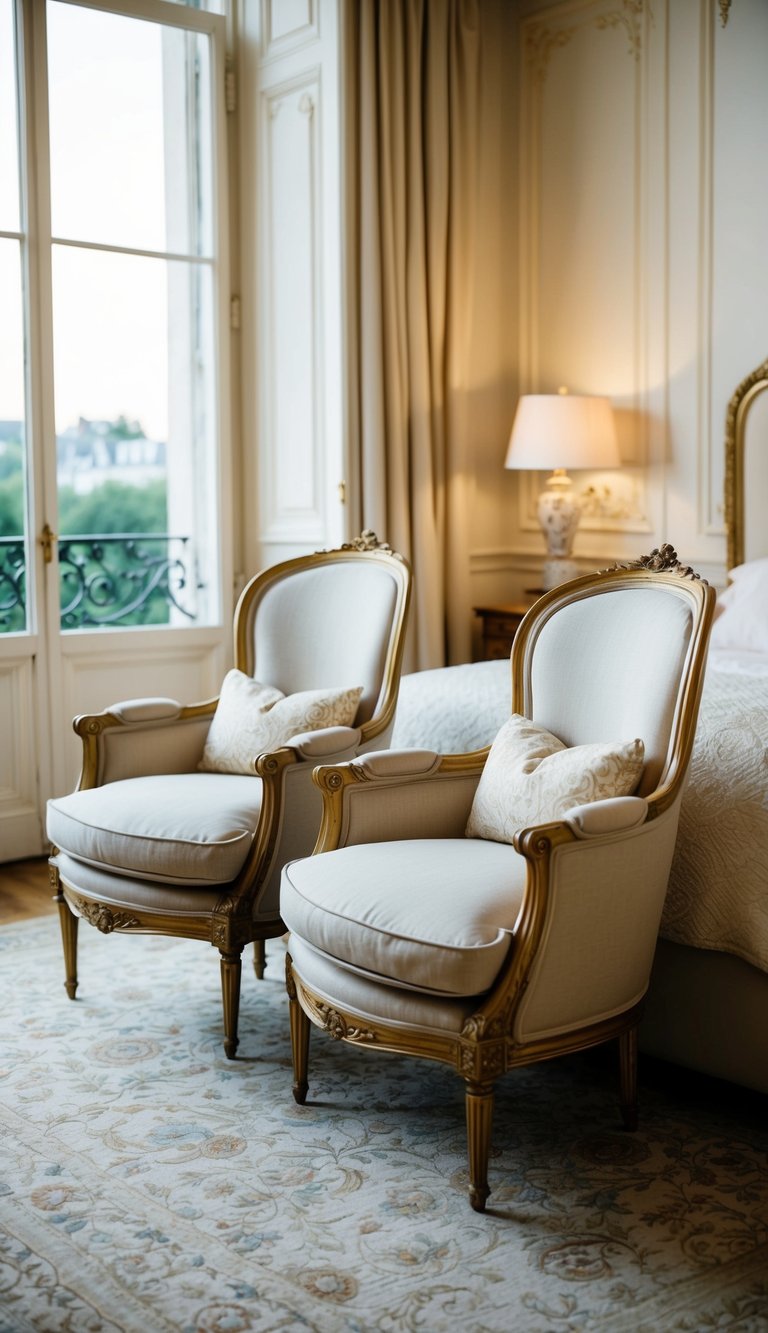 Two elegant vintage armchairs in a Parisian-inspired bedroom, with ornate details and soft, luxurious fabrics