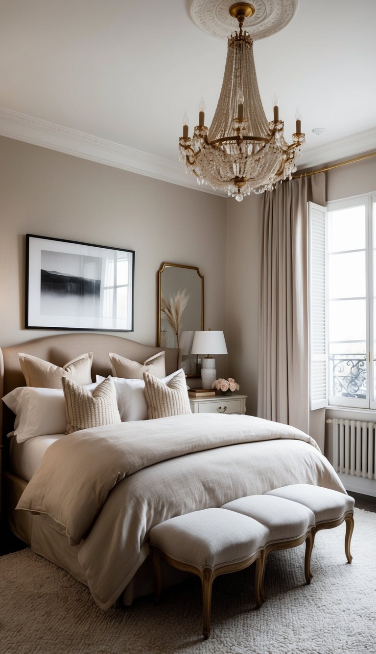 A cozy bedroom with neutral bedding, Parisian-inspired decor, and elegant furniture