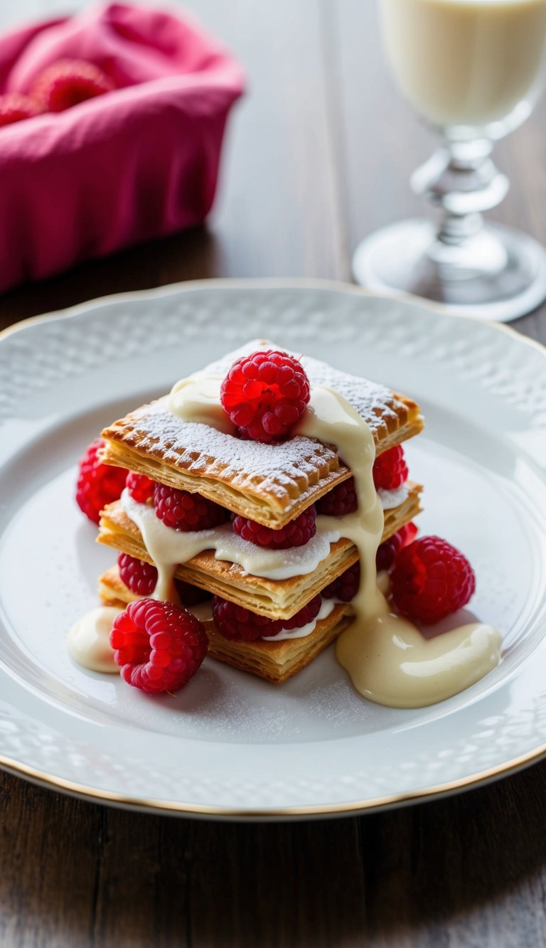 A delicate, layered raspberry mille-feuille sits on a white porcelain plate, adorned with fresh raspberries and a drizzle of vanilla bean pastry cream