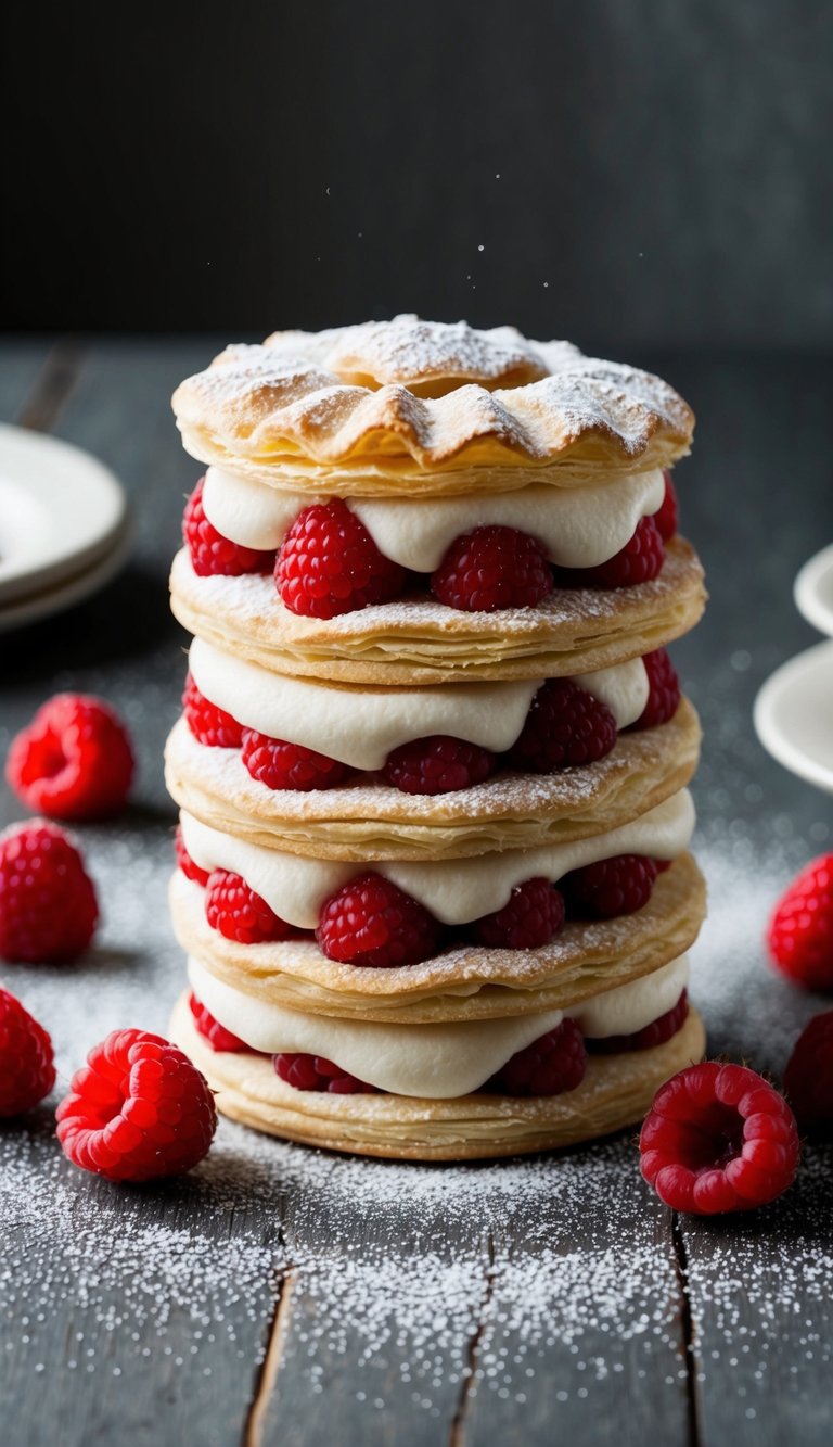 A table with a stack of delicate, flaky pastry layers filled with raspberry and vanilla cream, surrounded by fresh raspberries and a dusting of powdered sugar