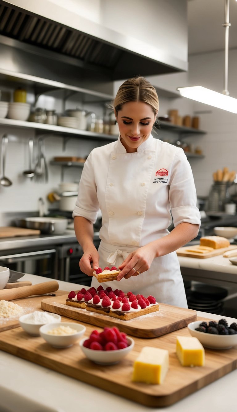 A Parisian bakery kitchen with ingredients and tools laid out for making raspberry mille-feuille