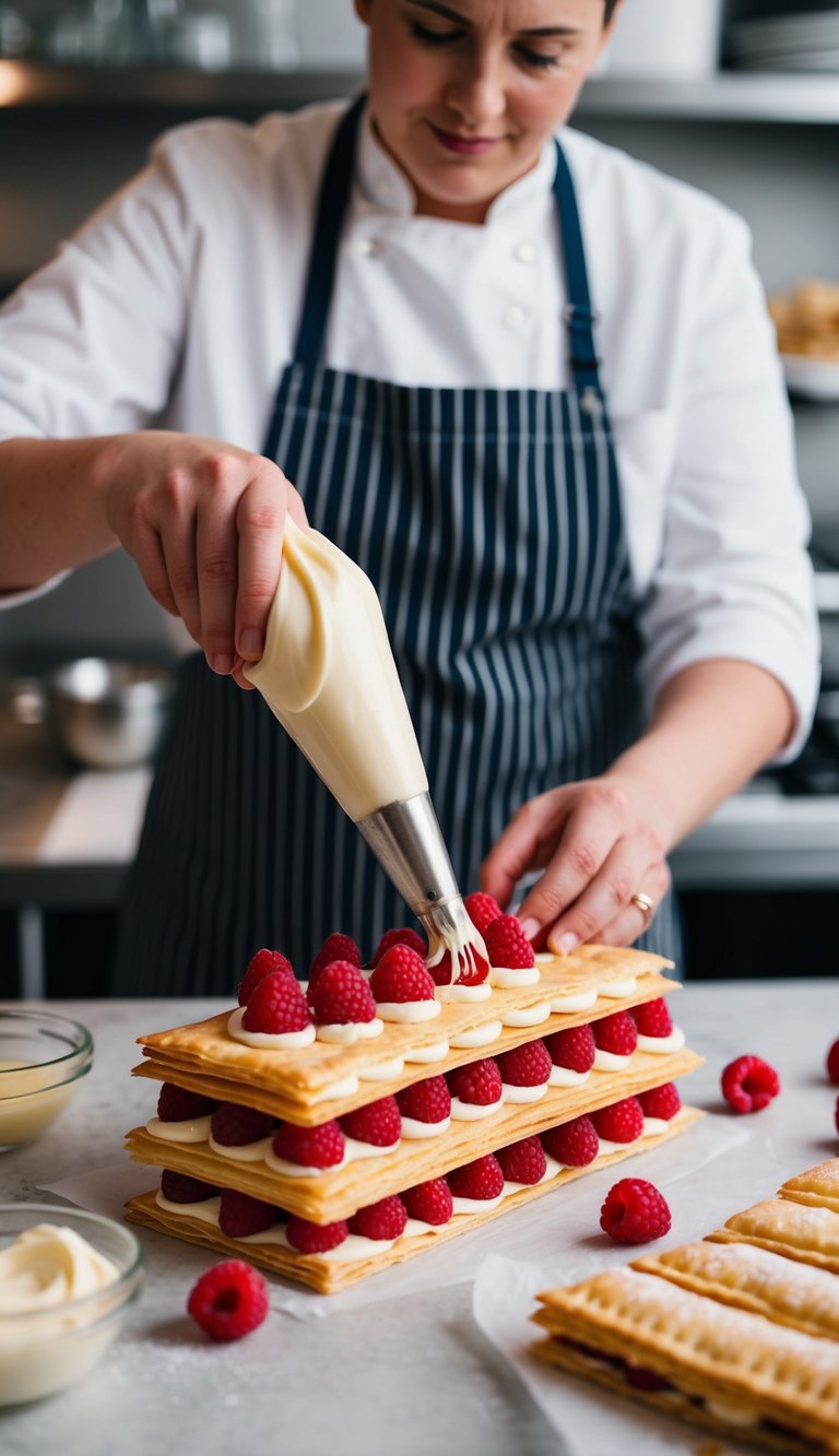 A baker carefully layering delicate pastry sheets, piping vanilla cream, and layering fresh raspberries for a Parisian raspberry mille-feuille