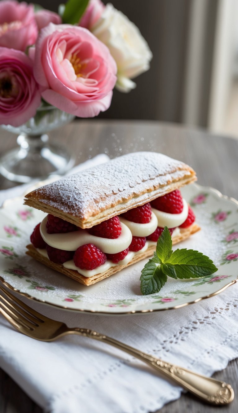 A Parisian Raspberry Mille-Feuille with Vanilla Bean Pastry Cream displayed on a delicate, vintage-inspired dessert plate with a dusting of powdered sugar and a sprig of fresh mint