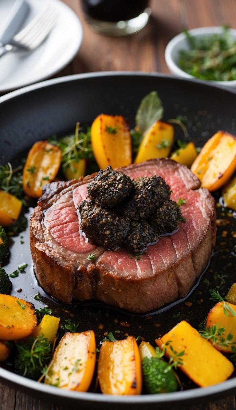 A sizzling Wagyu filet mignon steak topped with black truffle butter, surrounded by a bed of roasted vegetables and garnished with fresh herbs